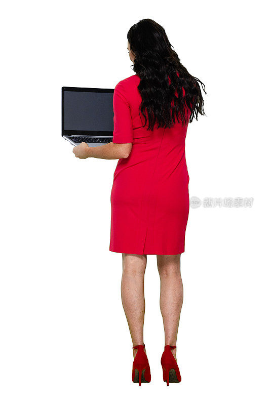 全长/后视图/后面/一个人的成人美丽的黑发/长发白人女性/年轻女性站着穿着裙子和高跟鞋谁是学习/酷的态度谁是工作和使用笔记本电脑/电脑